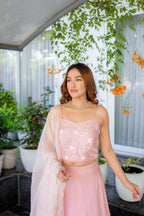 Close up of Rashi Pink Lehenga Set.