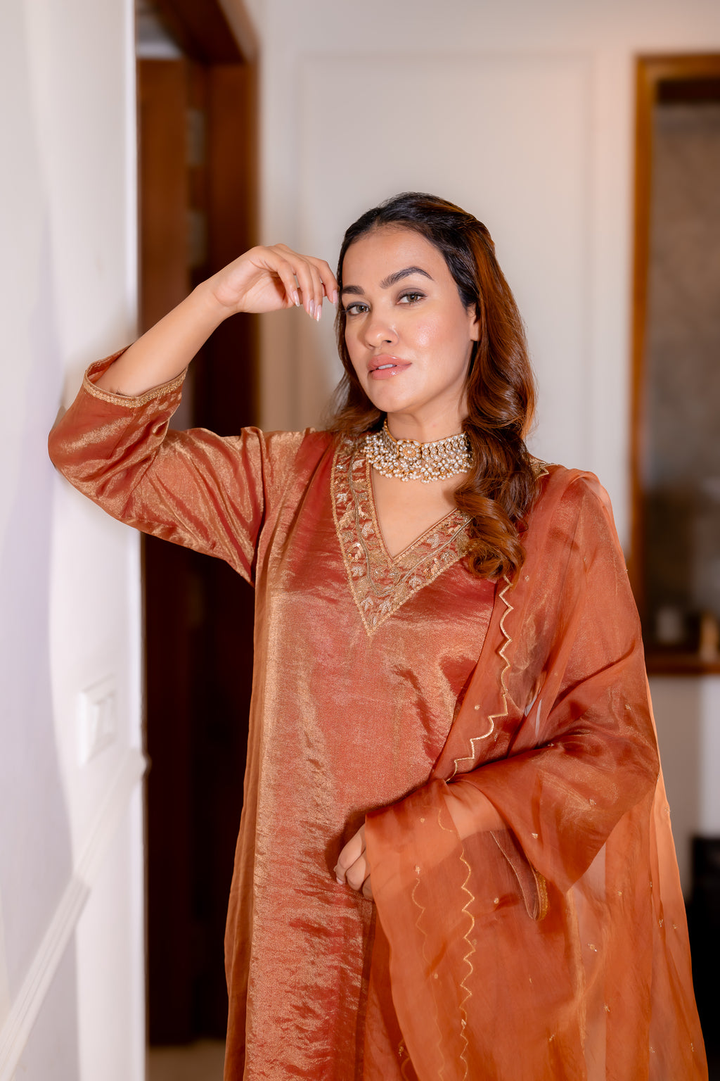Close up Front View of Tamra Copper Organza Kurta Set.