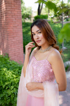 Side close up view of Rashi Pink Lehenga Set.