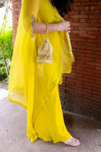 close up view of sleeves design work of Bindu Noor Cape Palazzo set.