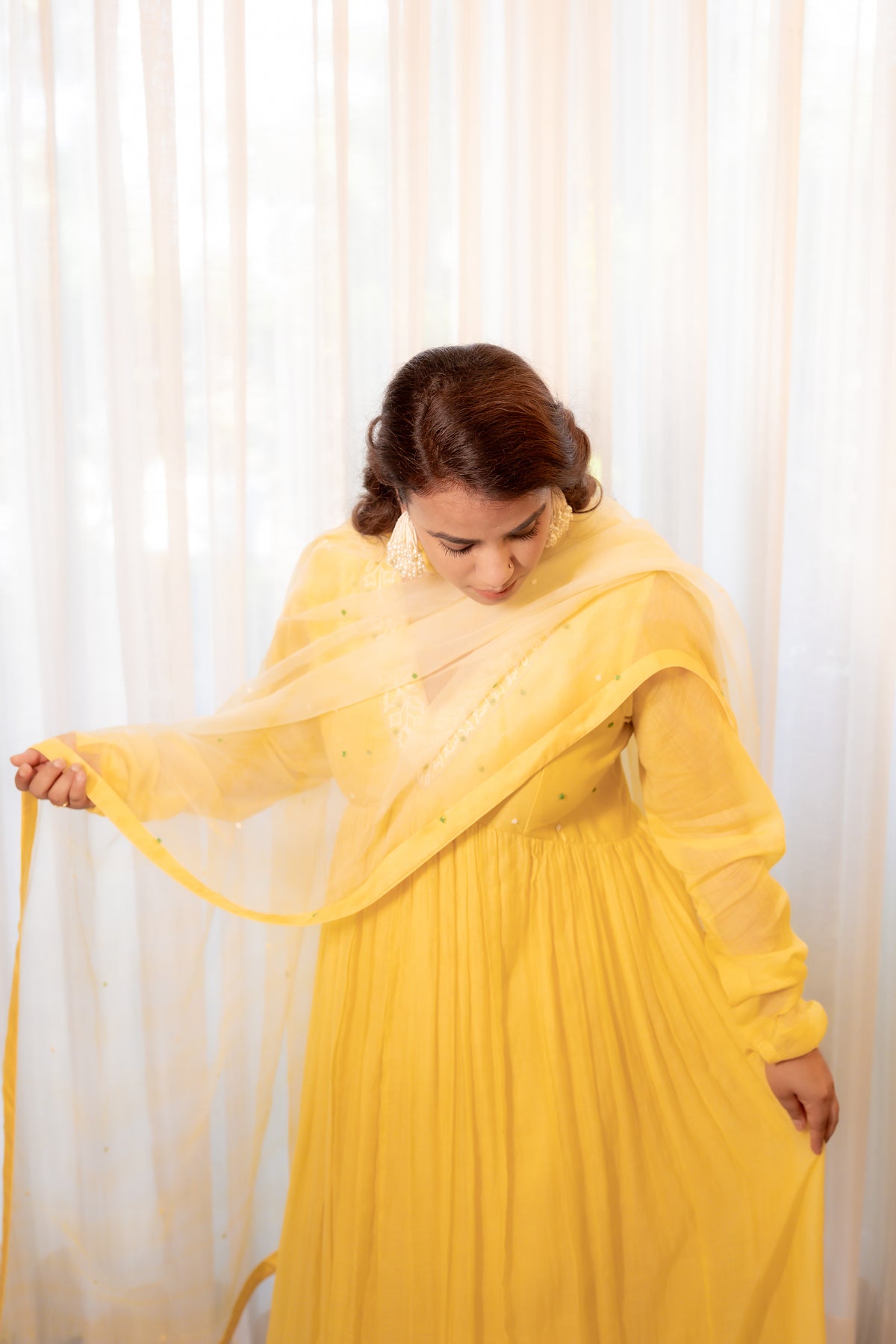 Close up view of Sunehri Anarkali Set.