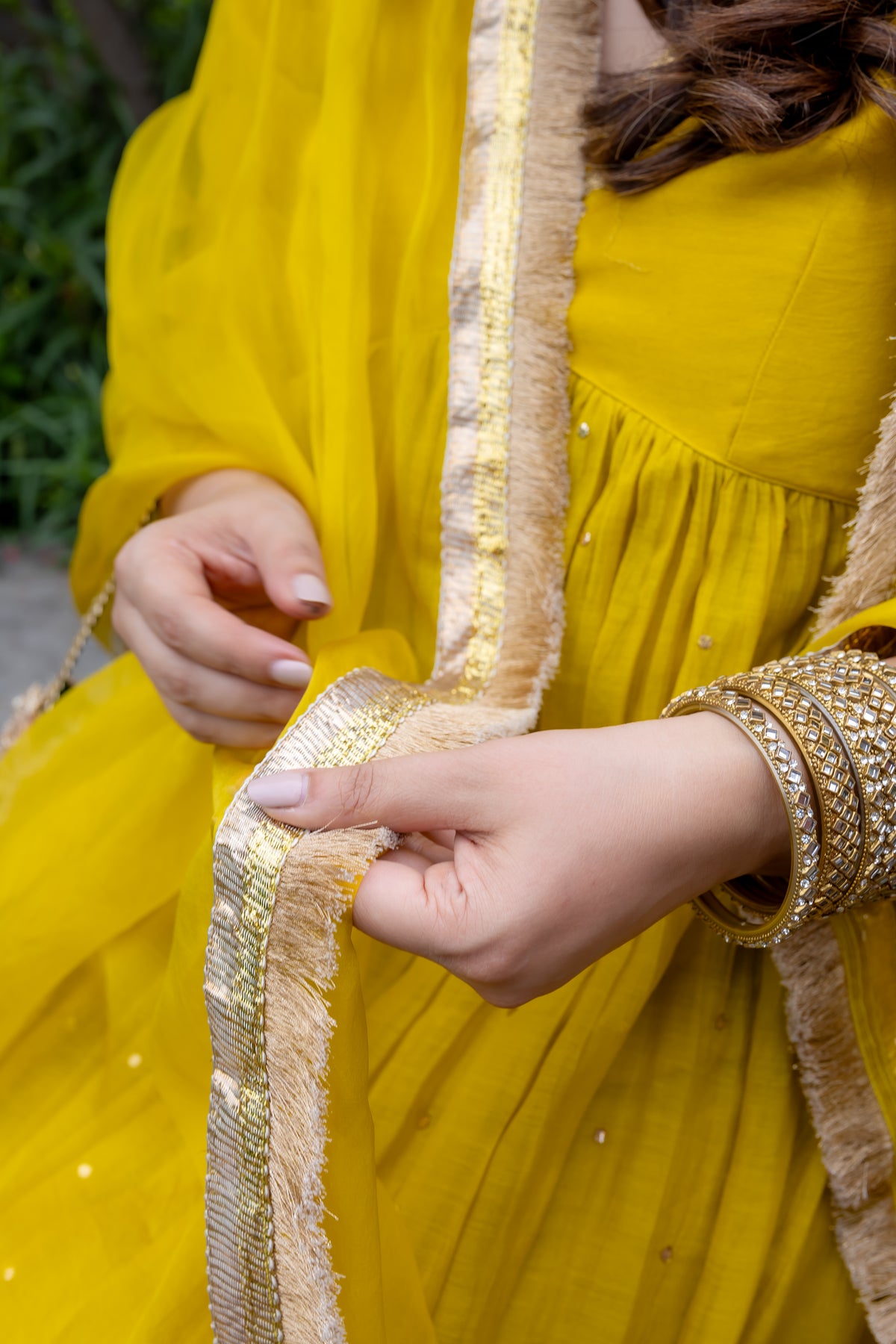 Fabric close-up view of Soniya Mul suit set.