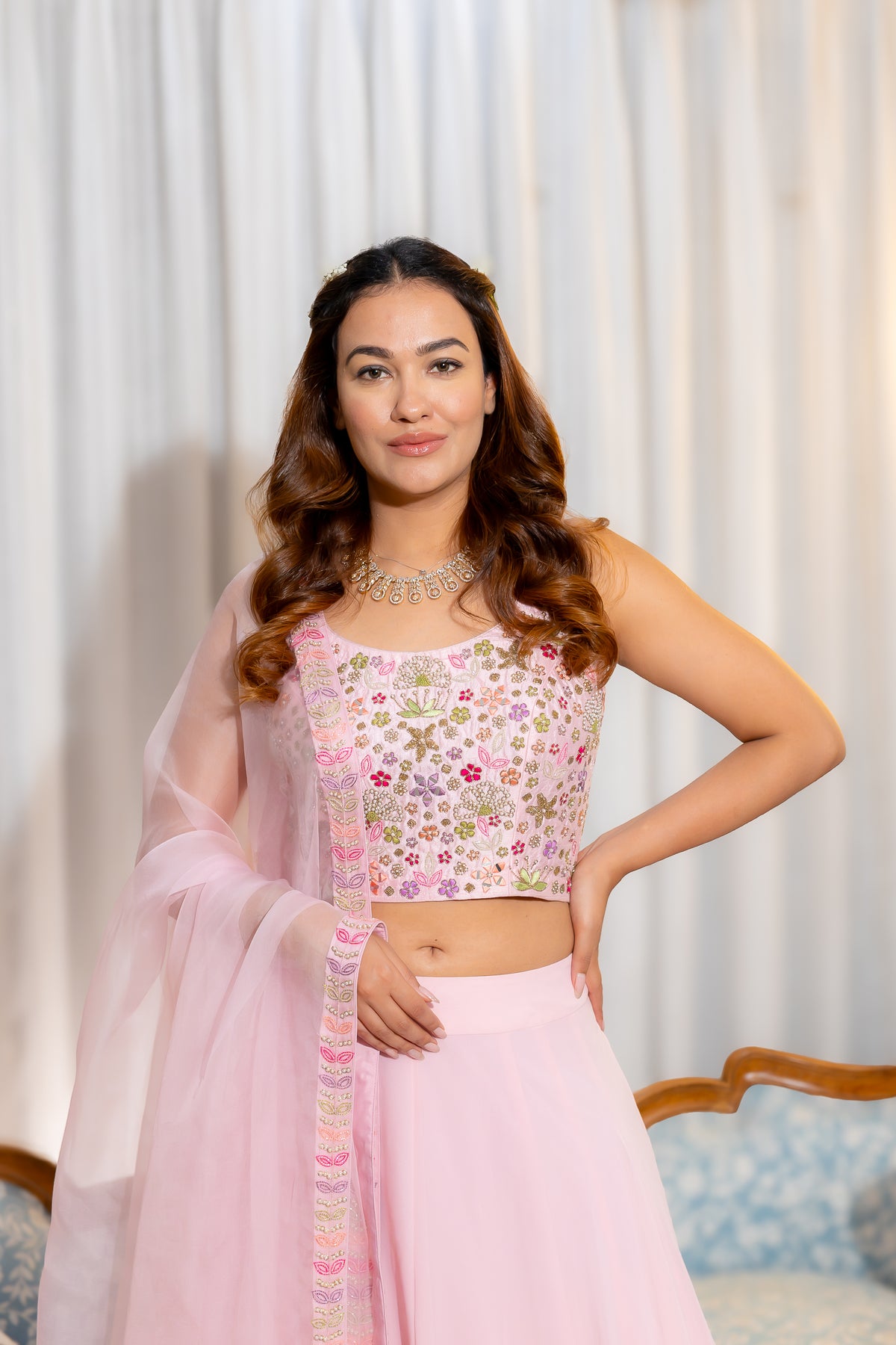 Front Close Up view of Elara Rose Lehenga Set.