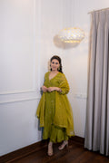 Front Full view of Saaz Olive Festive Suit Set.