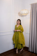 Front Full view of Saaz Olive Festive Suit Set.