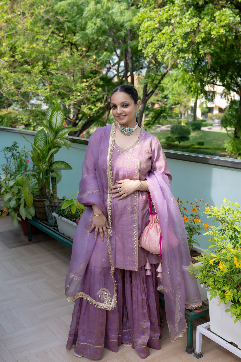 Front full view of Meher Lavender Festive Suit Set.