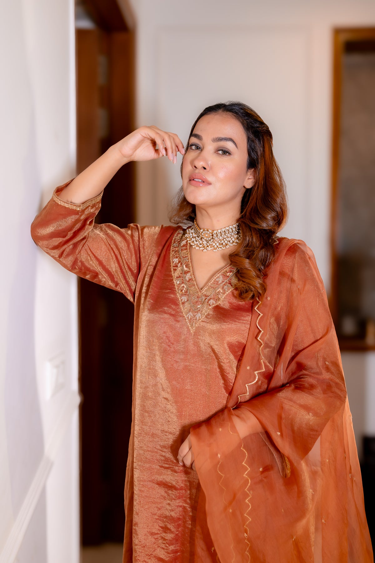 Front View of Tamra Copper Organza Kurta Set.