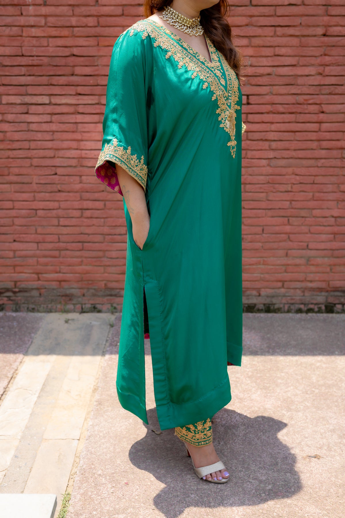 Front view close up of Apoorva Kaftan set.