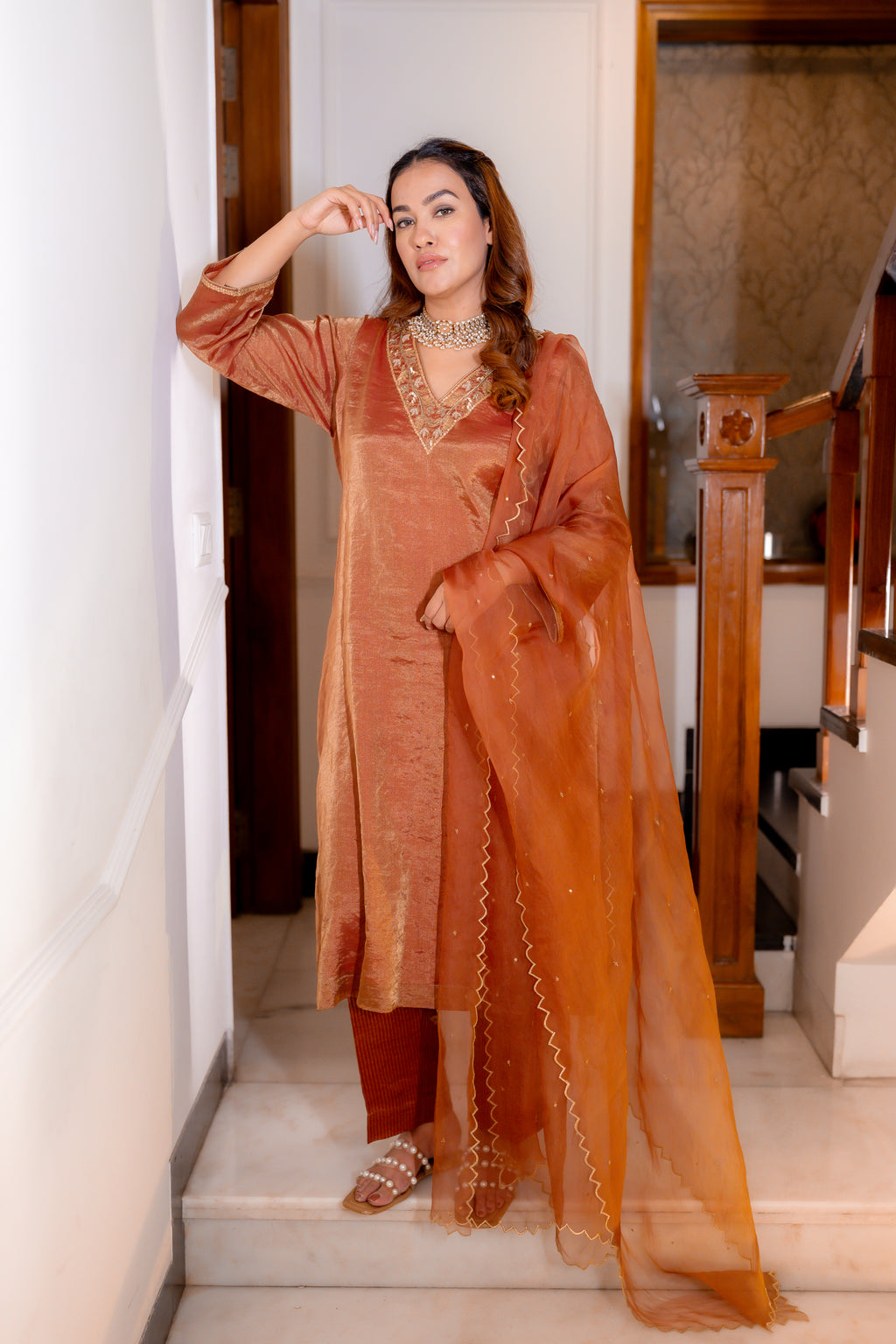 Full Front View of Tamra Copper Organza Kurta Set.