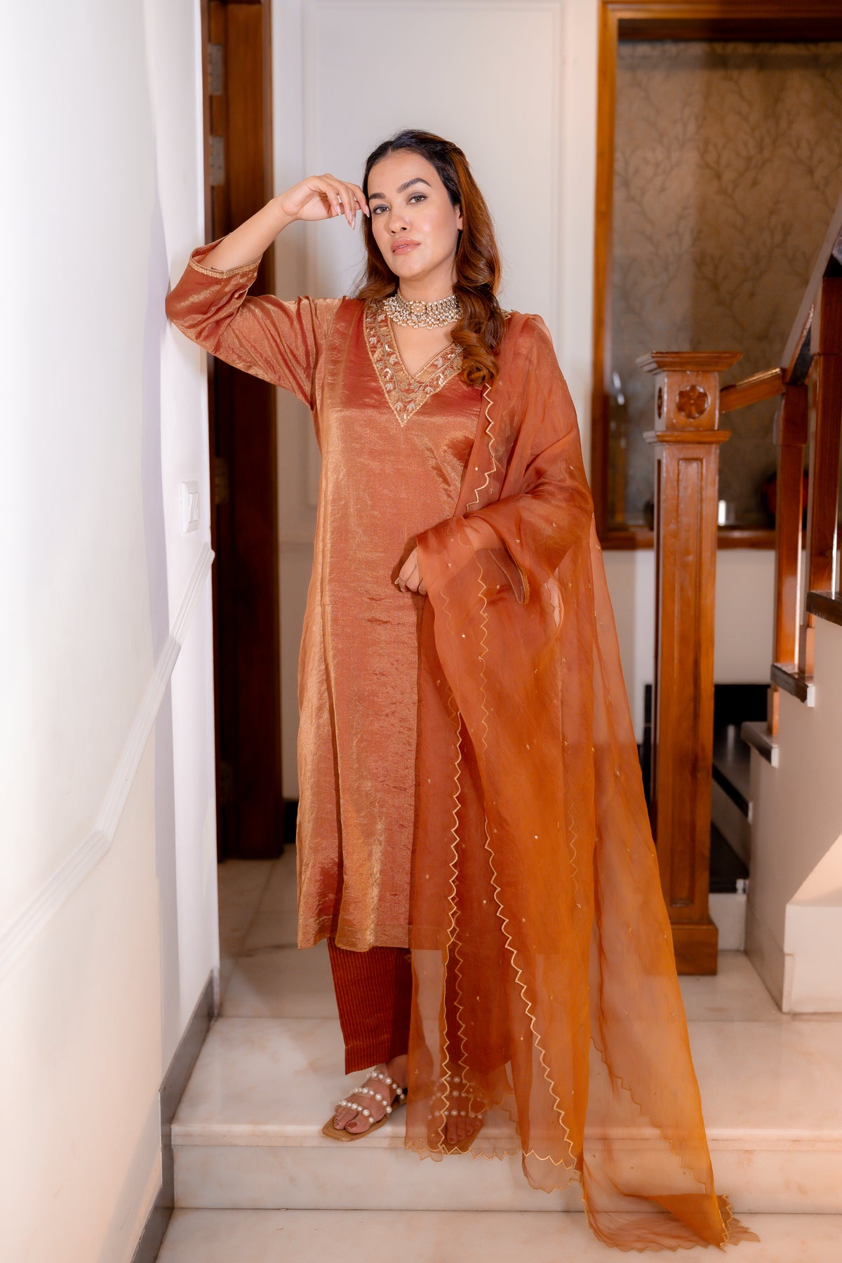 Full Front View of Tamra Copper Organza Kurta Set.