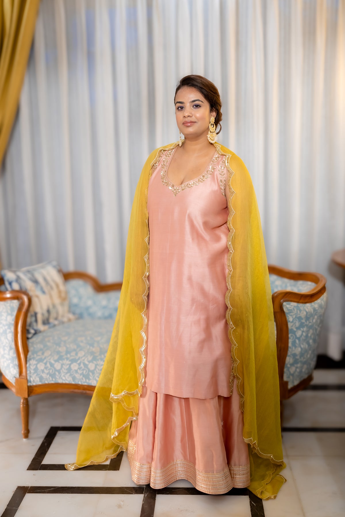 Gulnaar Peach Kurta Set with Mustard Dupatta