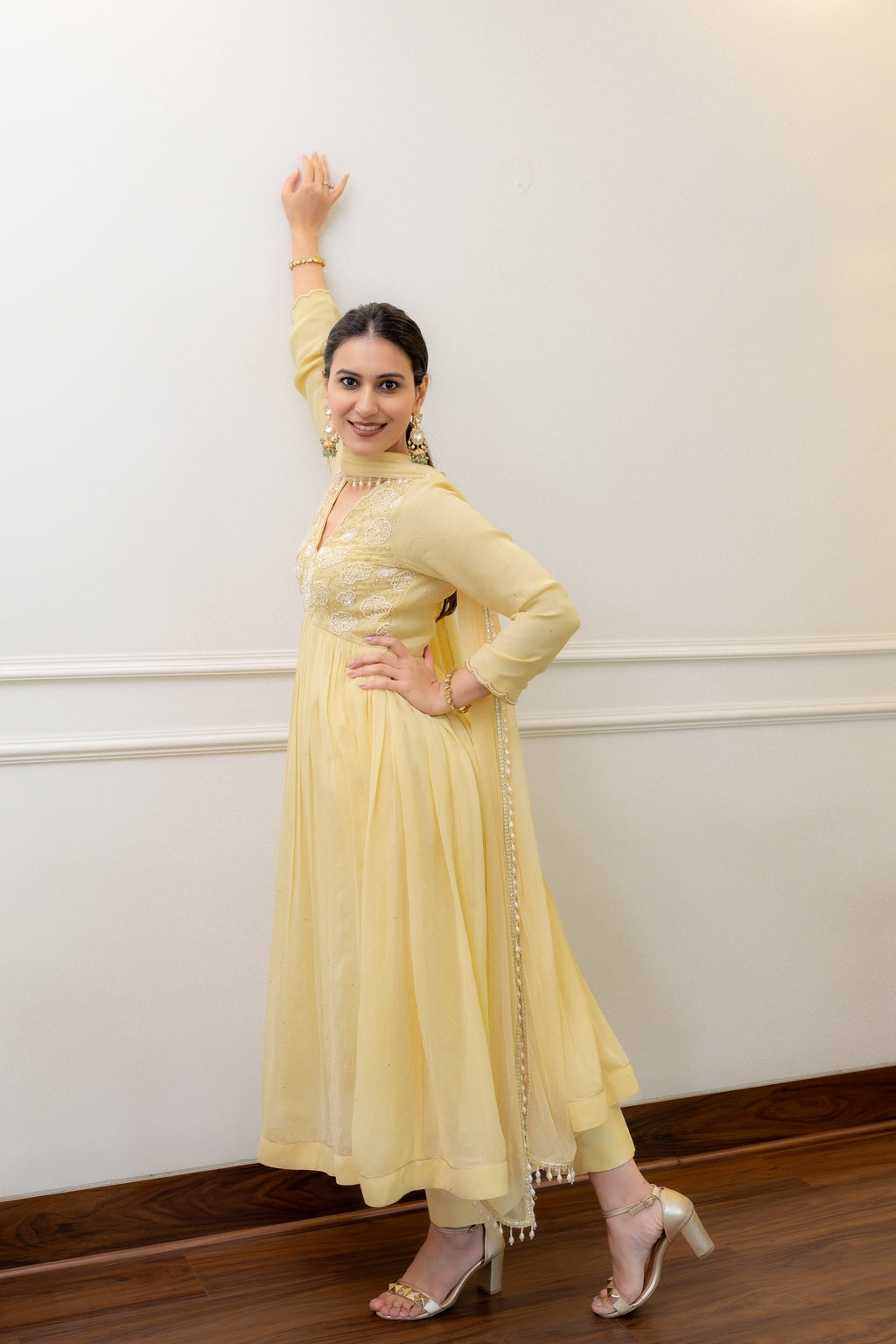 left full view of Geet Sunshine Anarkali Set.