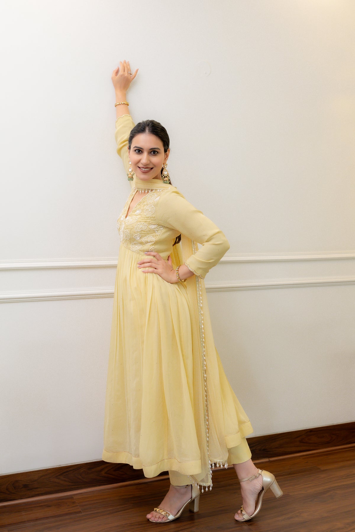 left full view of Geet Sunshine Anarkali Set.