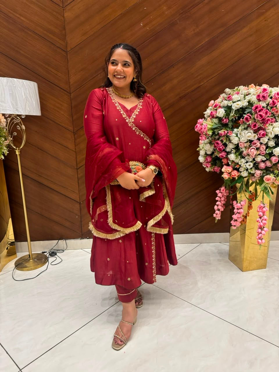 Red Poorvi Angrakha Anarkali Set.