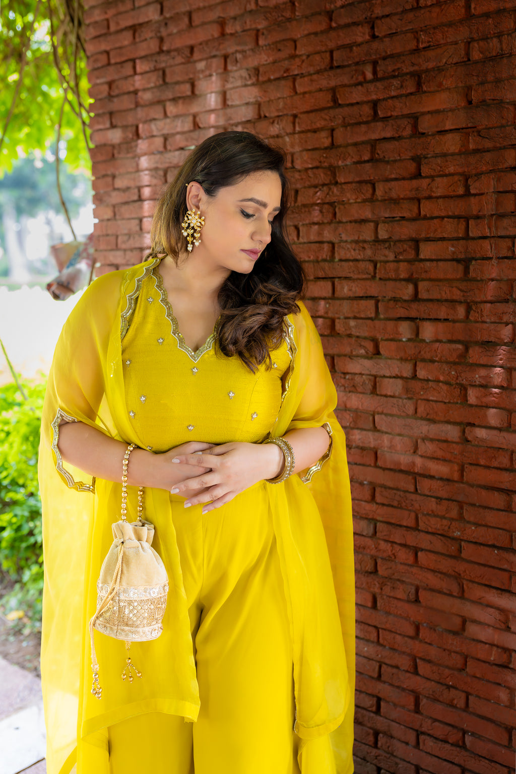 Right view of sleeves design work of Bindu Noor Cape Palazzo set.