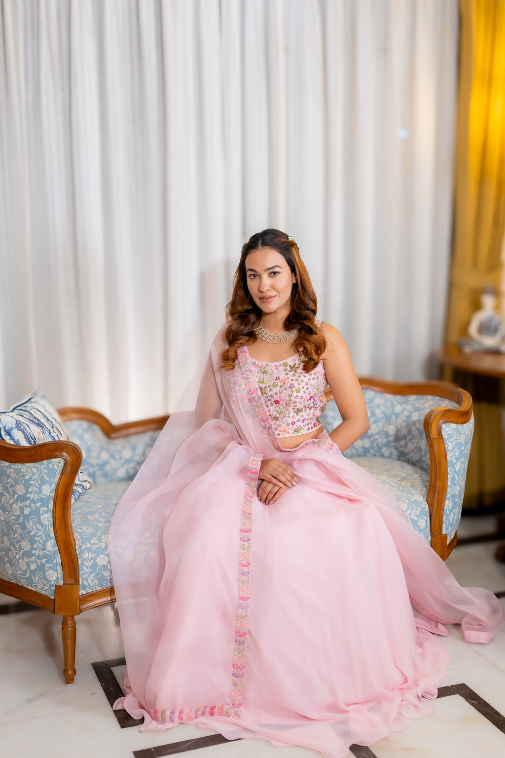 Sitting View of Elara Rose Lehenga Set.