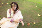 Close up sitting view of Afreen Suit set with dupatta.