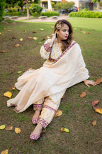 Sitting view of Afreen Suit set with dupatta.