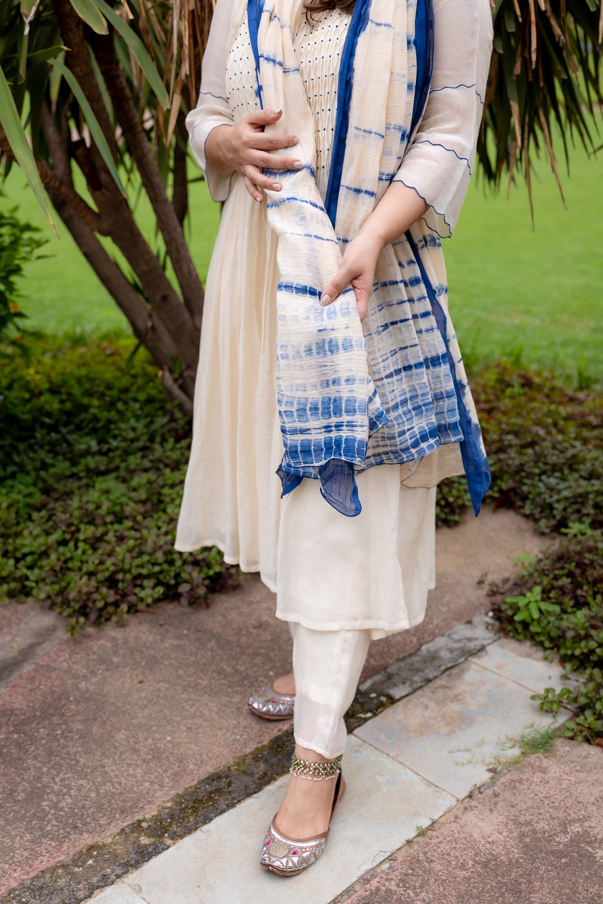 close-up of fabric of Akanksha Suit set with dupatta.