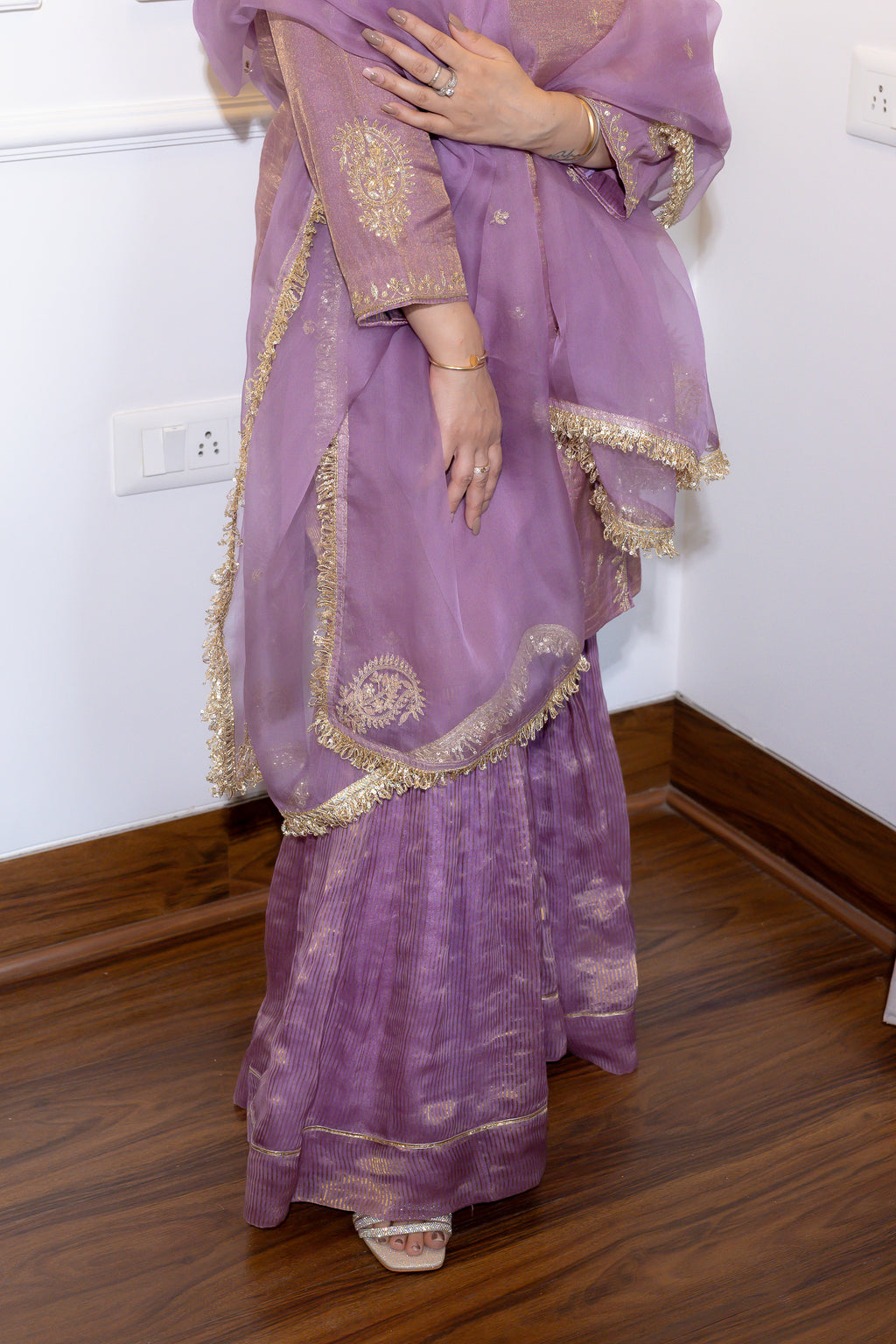 close up view of fabric of Meher Lavender Festive Suit Set.
