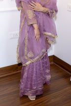 close up view of fabric of Meher Lavender Festive Suit Set.