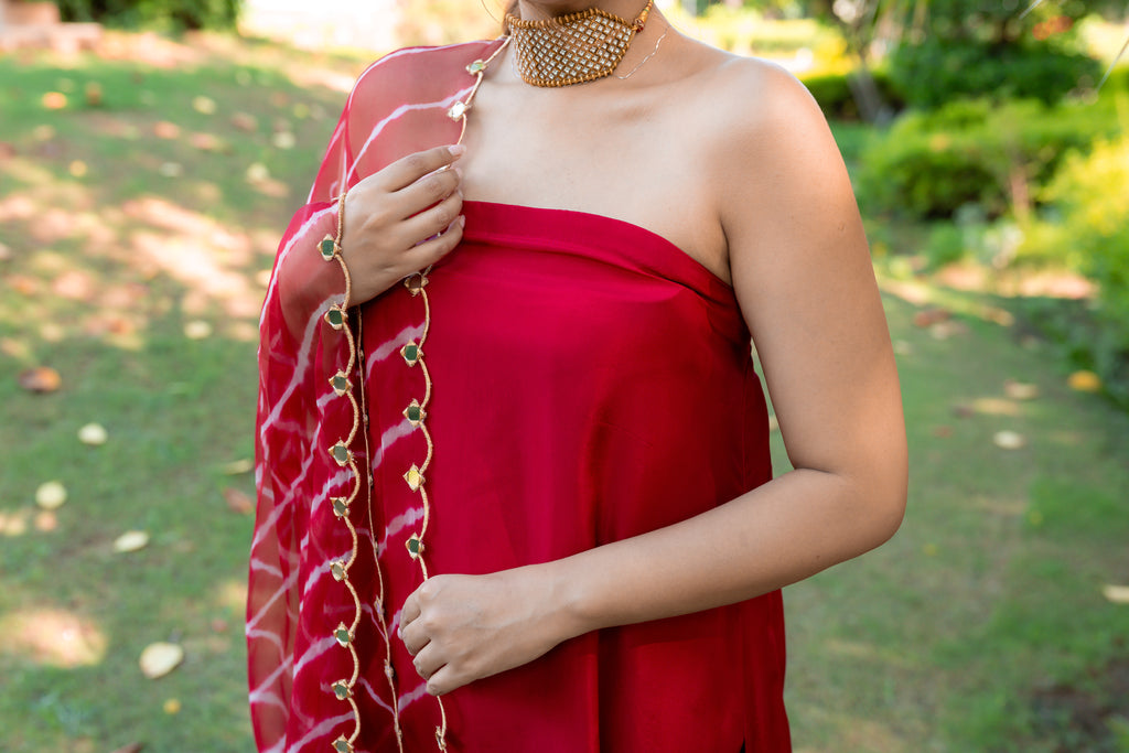 close up view of Gulabo Tube Kurta set.