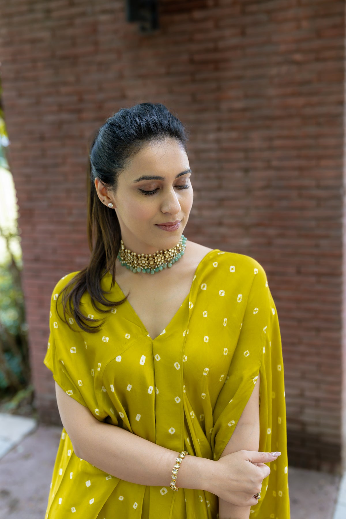 close up view of Noor Bandhani yellow Kaftan Set