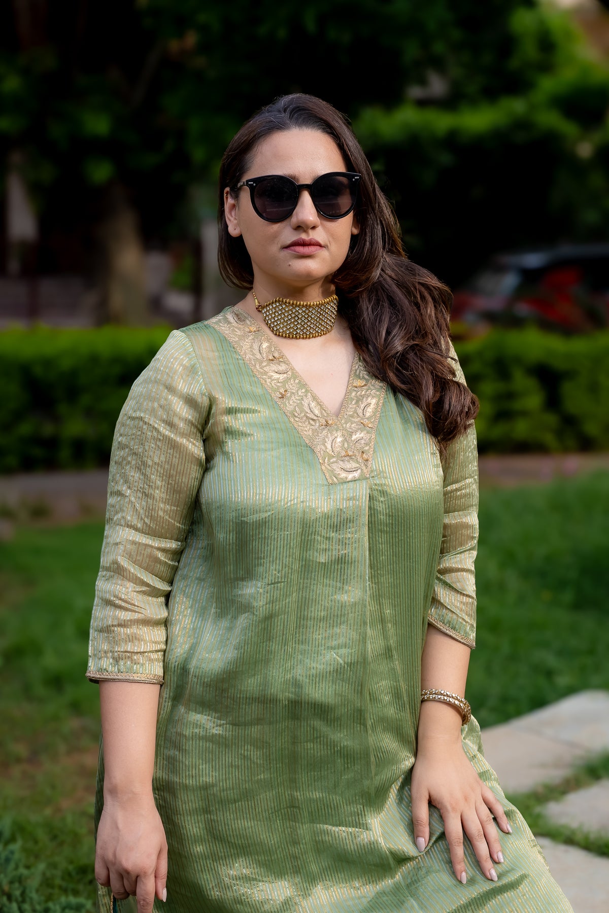 front close-up view green chanderi kurta set