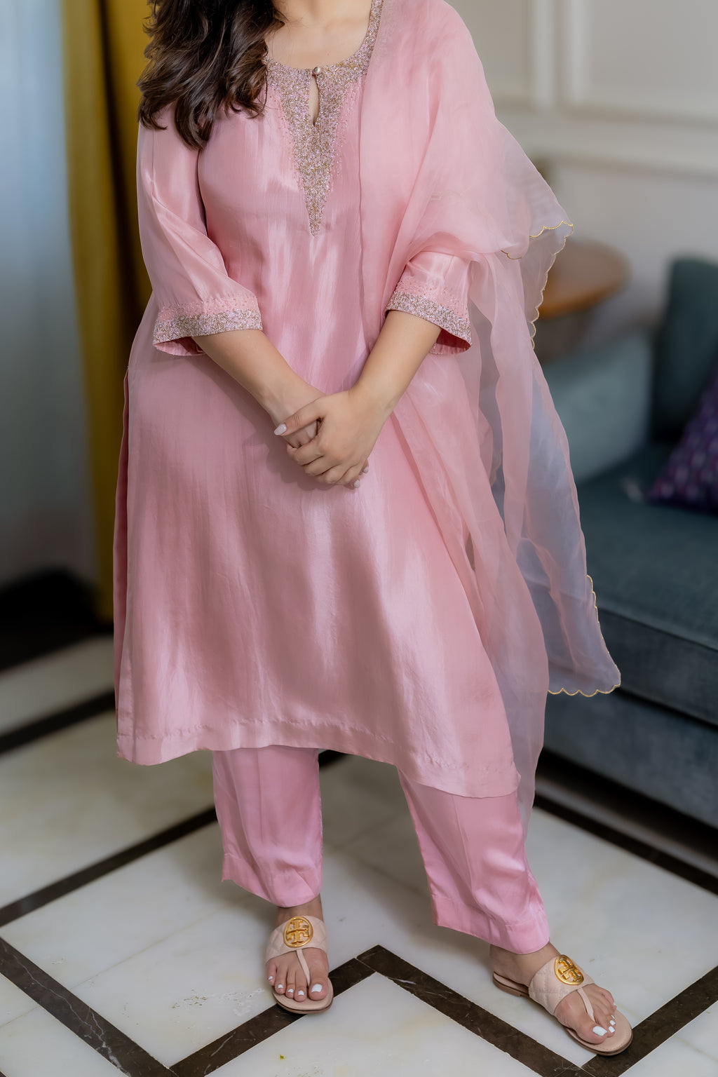Front close up view of the Meera Organza kurta set on a model from the neck down.