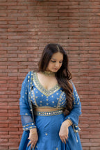 front close up view of Geet Royal Blue Lehenga Set.