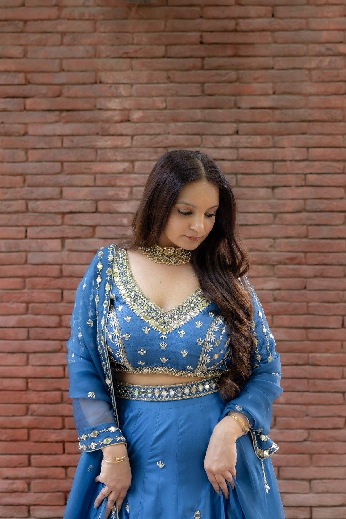 front close up view of Geet Royal Blue Lehenga Set.
