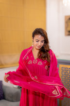 front close up view of Gulabi Pink Embroidered Kurta Set.