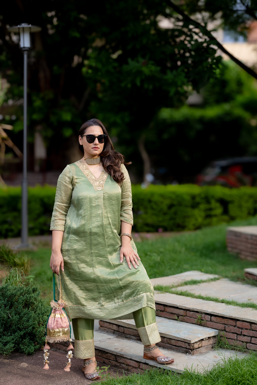 front full length view of green chanderi kurta