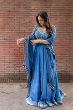 front view pose in Geet Royal Blue Lehenga Set.