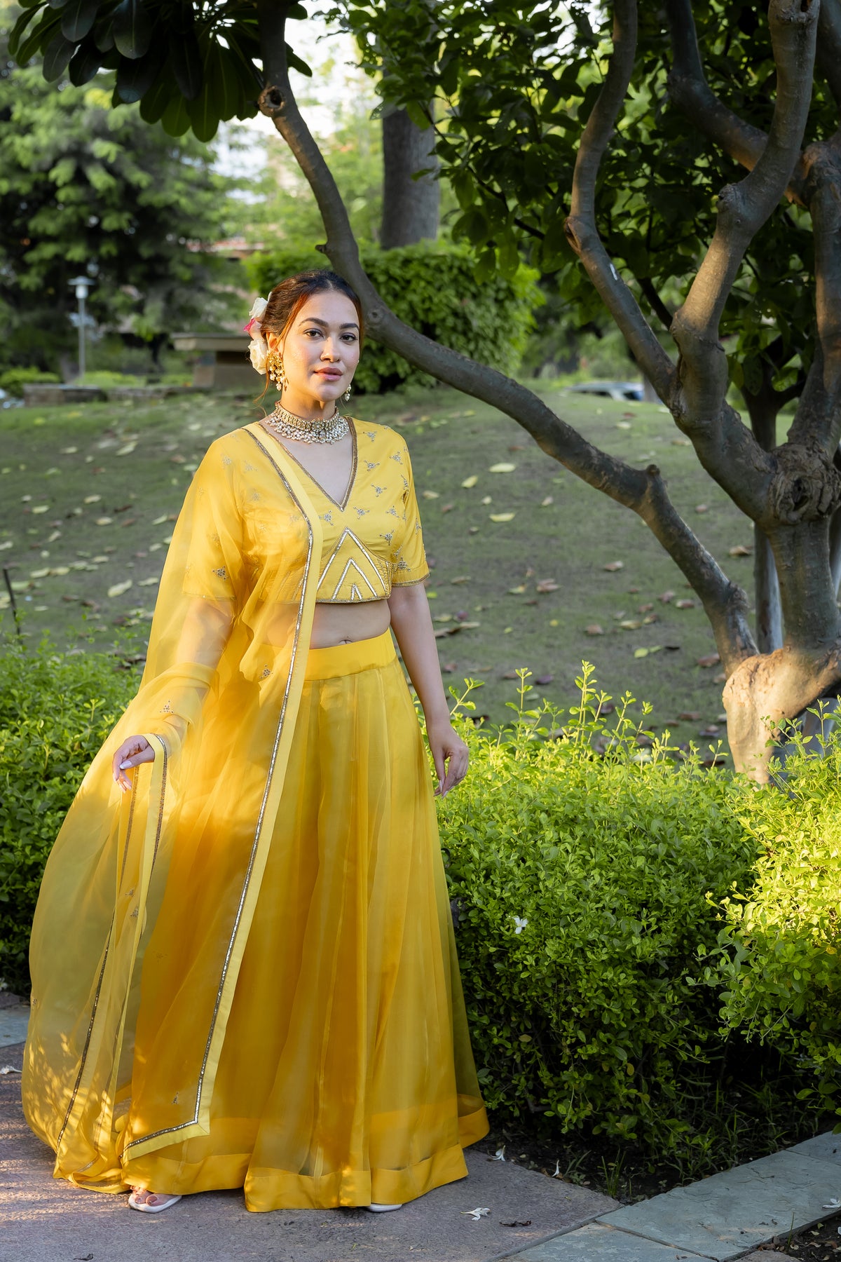 full right view of Kesar Aangan Lehenga Set.