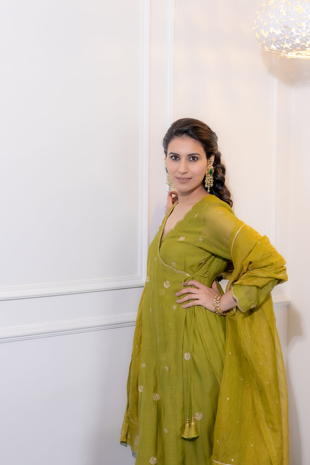 left close up view of Saaz Olive Festive Suit Set.