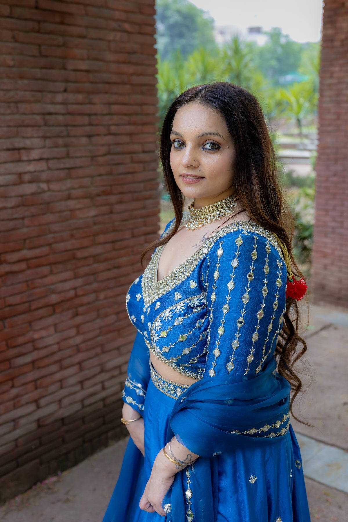 left view of Geet Royal Blue Lehenga Set.