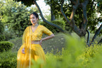 left view of Kesar Aangan Lehenga Set.