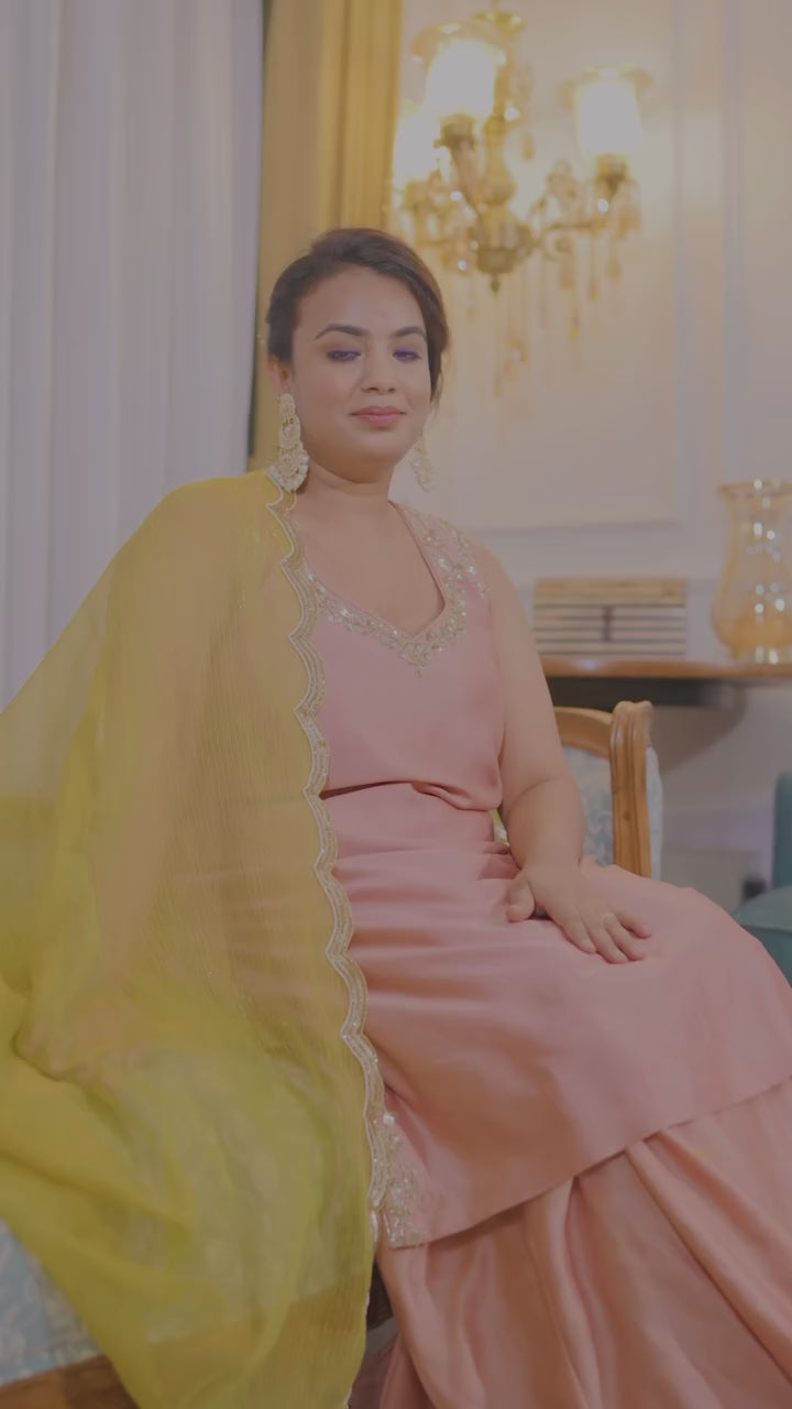 Gulnaar Peach Kurta Set with Mustard Dupatta