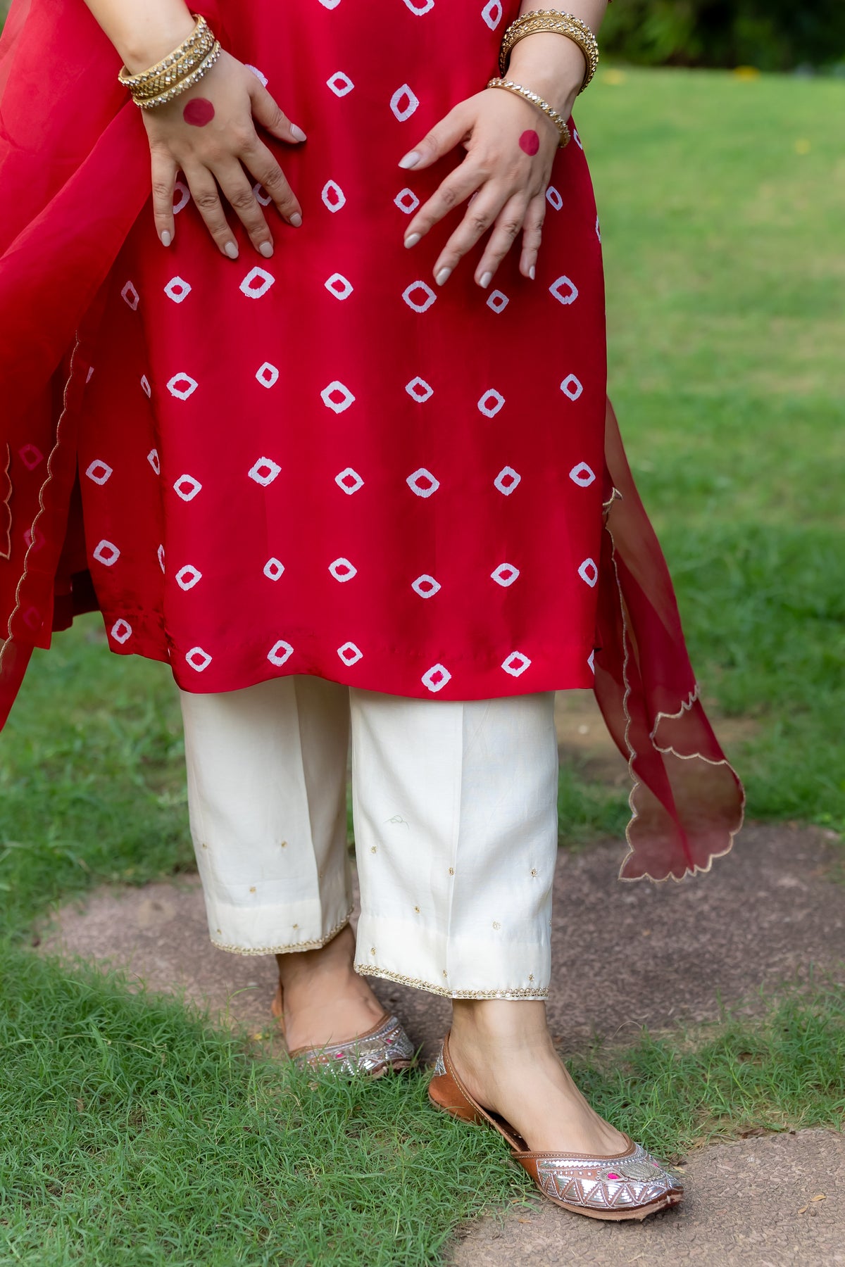 Front view of red patterned outfit