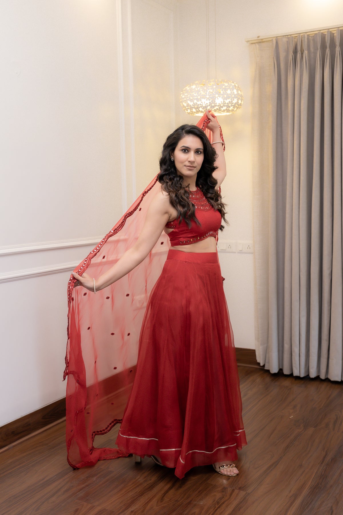 side view of Aarohi Festive Lehenga set.