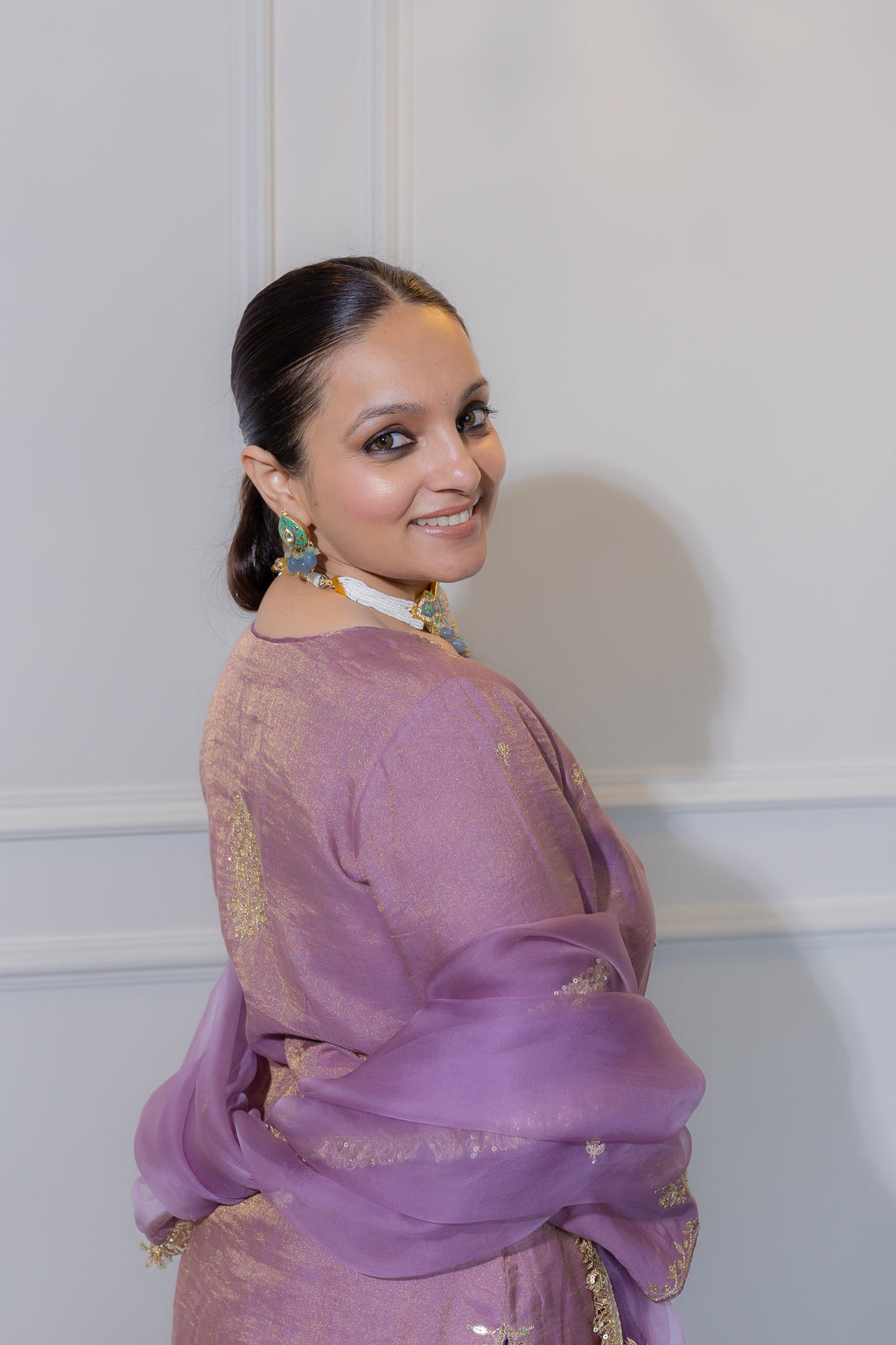 side view of Meher Lavender Festive Suit Set.