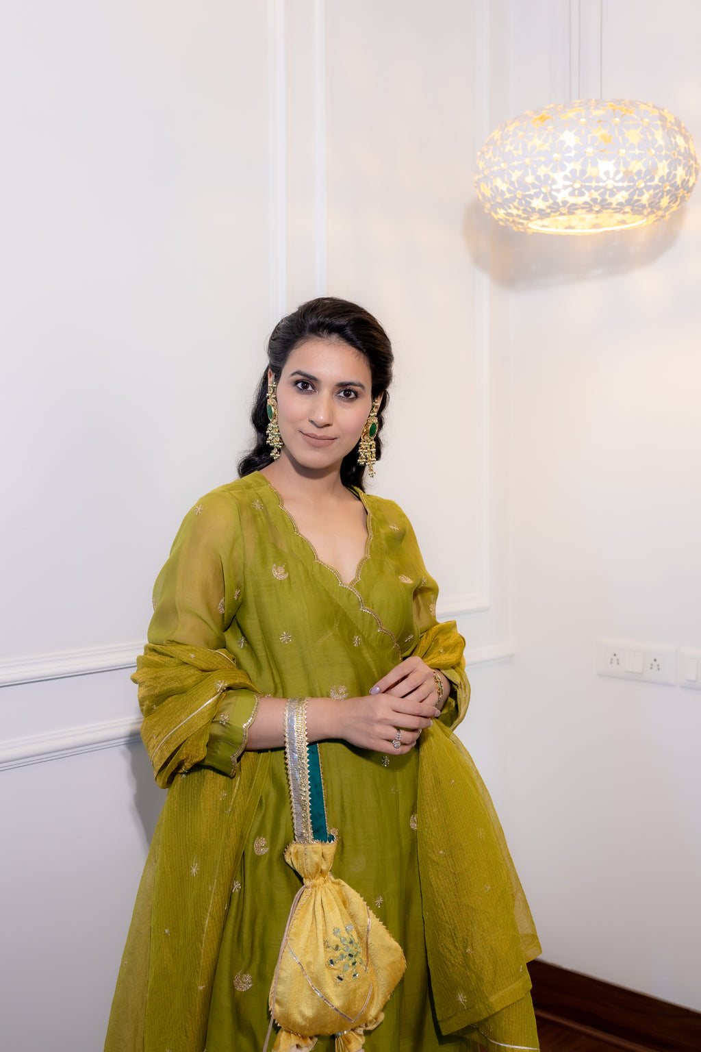 top view of Saaz Olive Festive Suit Set.